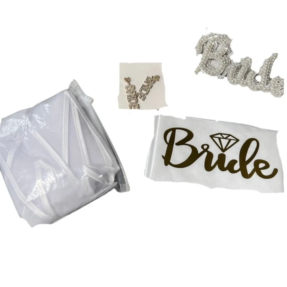 Bride Bundle NWT Veil Sash Earrings Rhinestone Pearl Bridal Party‎ Bachelorette